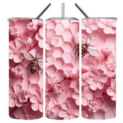 3D Effect Pink Flowers Bee Honeycomb 20oz Tumbler Insulated Travel Mug