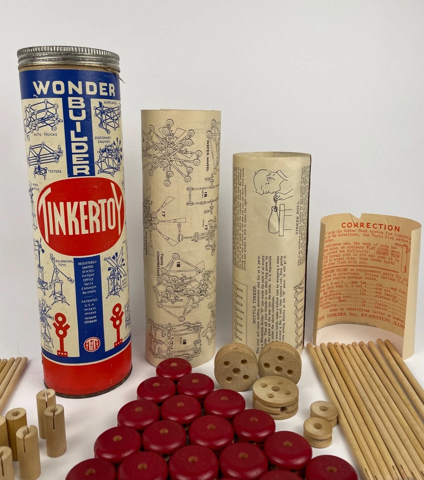 '40s TinkerToy Wonder Builder Set Red Spools PLUS Orig Literature ~115 pieces - Image 2 of 4