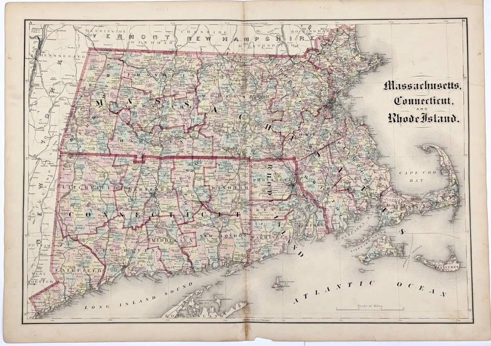 1875 Massachusetts - Rhode Island - Mapa Connecticut ORIGINAL (25X17) - Imagem 2 de 3