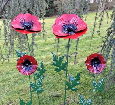 Large and Small Poppy Flower Garden Stake Ornament Lawn Metal