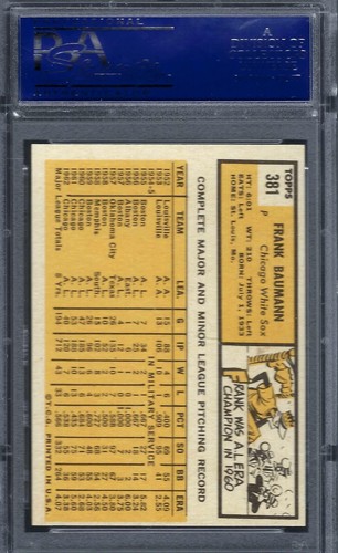1963 Topps #381 PSA 8 Frank Baumann White Sox 381 Centered! - Picture 2 of 2