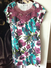 BODEN Women's Embroidered Round Neckline Floral Print Short Sleeve Dress US 14