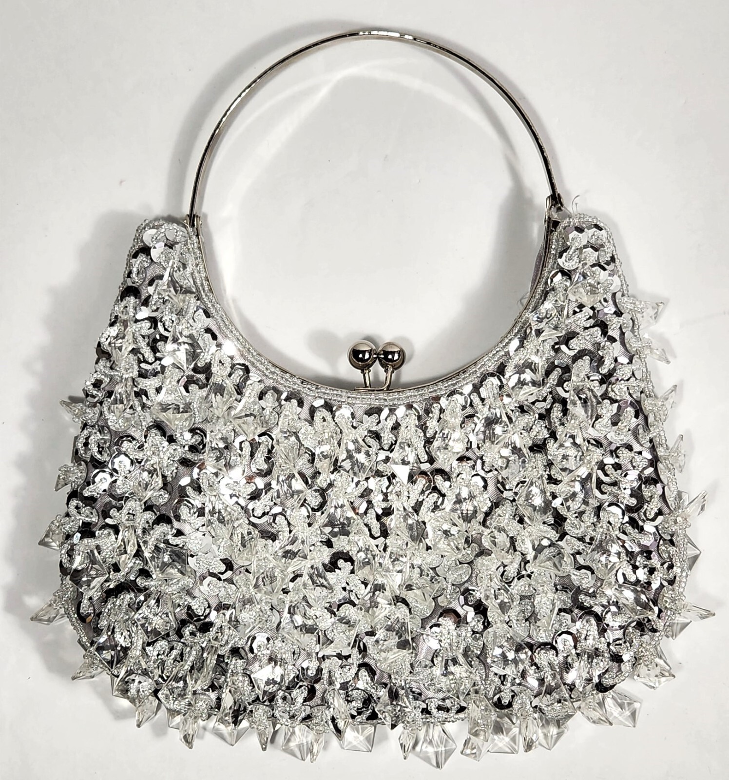 Silver Sequined Clear Jeweled Purse Clutch Evening Bag Round Handle Satin lining