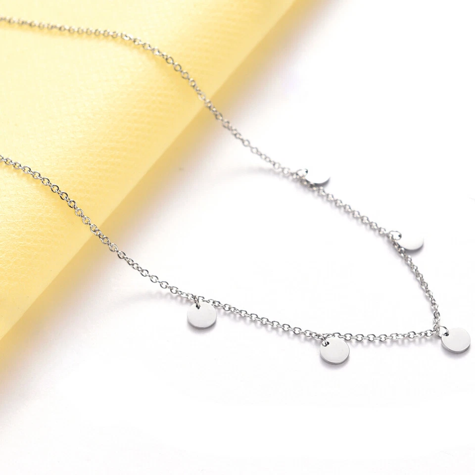 DAMEN KETTE MIT PLÄTTCHEN IN SILBER HALSKETTE RUNDE ANHÄNGER EDELSTAHL SCHMUCK - Bild 2 von 4