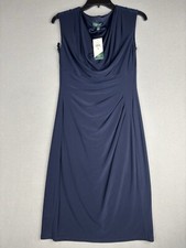 LAUREN RALPH LAUREN Women’s RUCHED SLEEVELESS DRESS 8 Navy Blue 4090