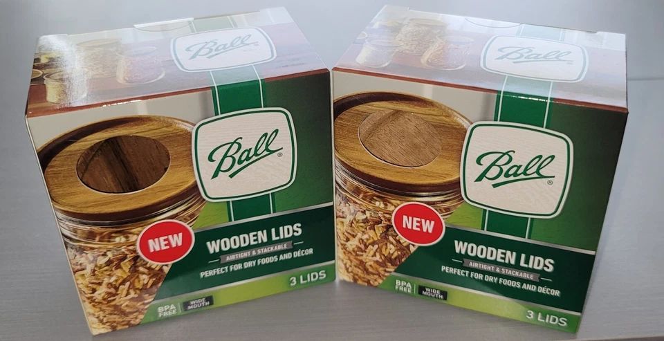 Tapas de madera BOLA (caja de 3) para frascos de albañil de boca ancha ~ herméticas ~ ¡NUEVAS Y SELLADAS! Foto 2 de 4