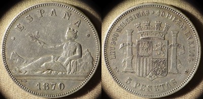 Spain : 1870(70)SNM 5 Psta XF-/XF Few Small Dings #655 IR6262