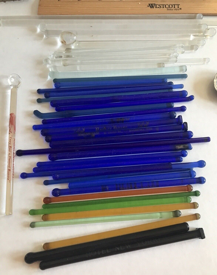 Glass Swizzle Sticks Vintage Smith Hotel, Feather NYC Colbalt, set of 49