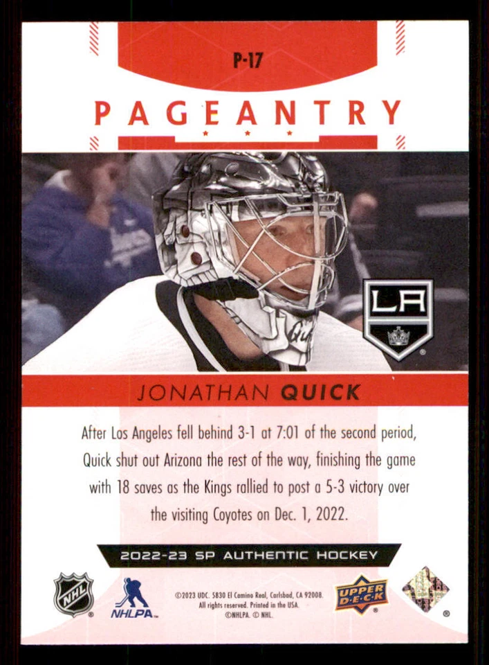 2022-23 SP Authentic Pageantry Red #P17 Jonathan Quick - Image 2 of 2