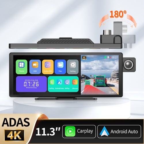 11.3" 4K ADAS Dash Cam Wireless CarPlay & Android Auto 3 Channel Recording Car