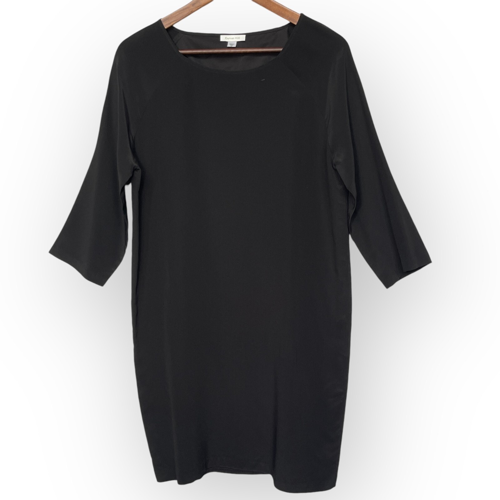 Garnet Hill Shift Dress Women Size 6 Black 100% Silk 3/4 Sleeve Lined Minimalist