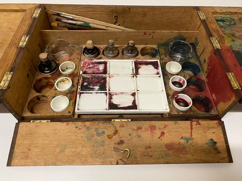 Ancien Coffret en Bois avec Teintures & Nombreux Accessoires - Bourgeois Aîné - Photo 4/4