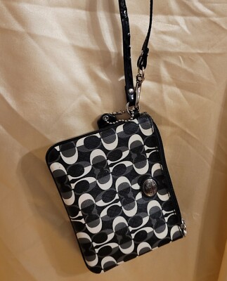 Coach Peyton Signature Dream C Black & White Coated 6''X4'' Wristlet 