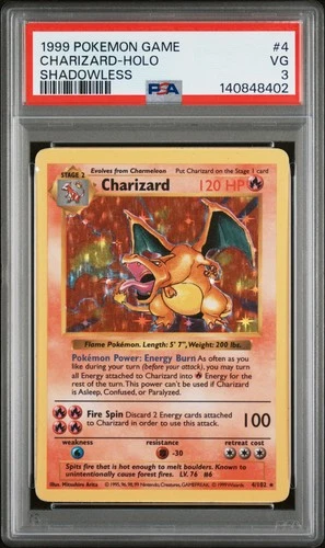 1999 POKEMON BASE SET SHADOWLESS #4 CHARIZARD-HOLO PSA 3