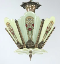 Art Deco Uranium Glass & Bronze Movie Theater Semi Flush Mount