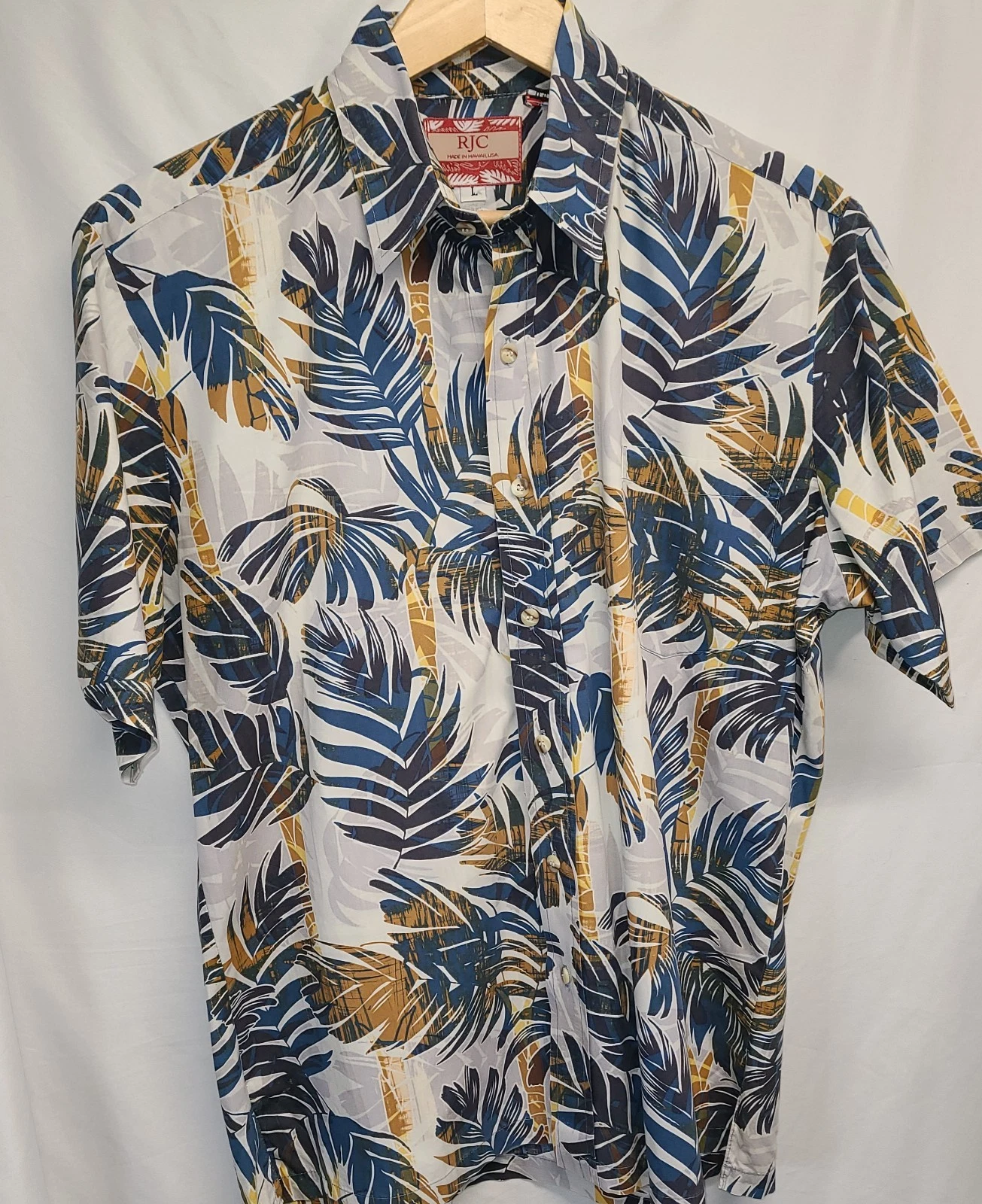 RJC Mens Hawaiian Aloha Camp Button Up Shirt Blue And Yellow Palm Tree Men Large
Opens in a new wind