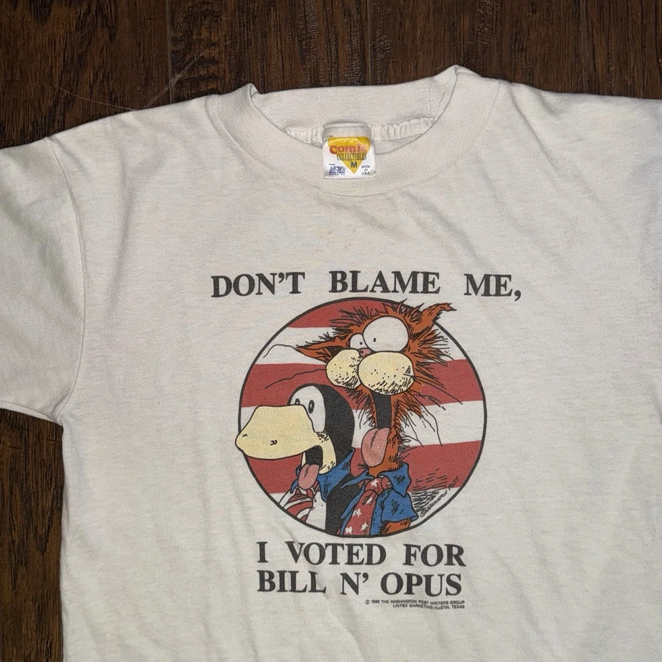 Camisa De Colección Bill N’ Opus Don’t Blame Me 1986 Hecha en EE. UU. Humor Político Años 80 Foto 3 de 4