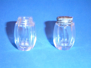 SALT PEPPER ANTIQUES or for spices ODD PAIR GLASS SILVER TOP 1 1/2" tall GOOD