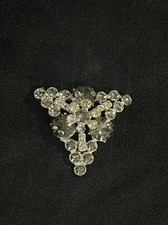 Vintage Raised Flower Gray And Icy Rhinestone Triangle Brooch Unsigned