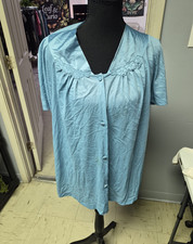Vanity Fair Blue Satin Nylon 2-Piece Pajama Set Short Sleeve V-Neck Size M