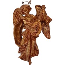 Gold Gilt Angel Ornament Antiqued Figure Cherub Nativity MCM Mandolin Wall Decor
