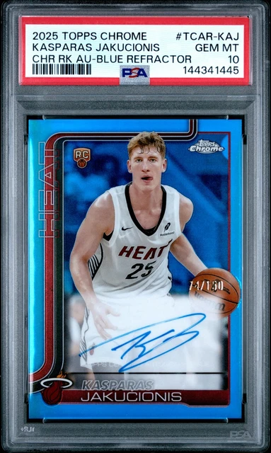 Kasparas Jakucionis 2025 Topps Chrome Blue Refractor /150 RC Auto PSA 10 POP 1