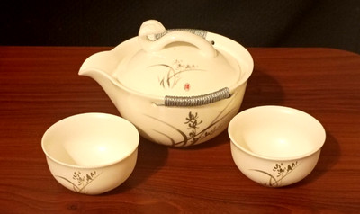 Cheng Han B-Chice Ink Orchid Flower Tie On Hand-Held Teapot with Lid & 2 Cups