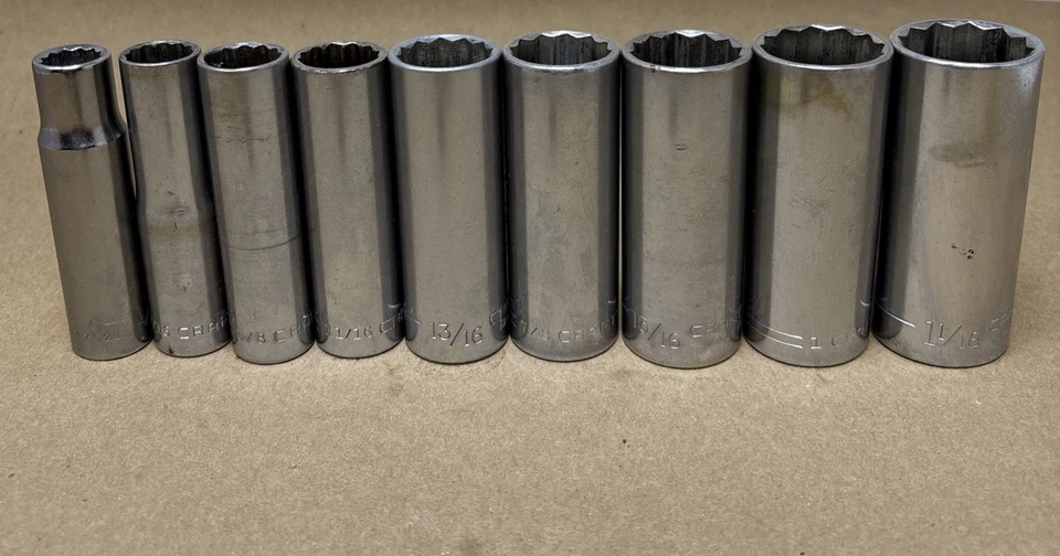 Vtg Craftsman USA 9pc 1/2" Dr Deep 12 Pt SAE Socket Set 1/2"-1-1/8" V-G No 3/4" - Image 2 of 4