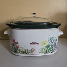 Vintage Rival Oval Crock Pot Slow-Cooker Stoneware 5.5 Qt. | Floral Herbs Spices