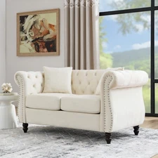 58.8" W Chesterfield Velvet Sofa 2-Seater Loveseat Sofa Couch  Rolled Arms Beige