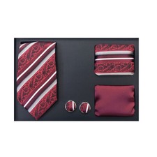 New Men's necktie solid  pattern hankie cufflinks 4pc Gift Set paisley burgundy