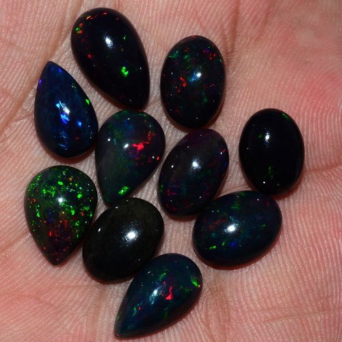 10 Pcs Natural Ethiopian Black Opal 11mm-14mm Flashy Loose Cabochon Gemstones - Picture 4 of 8