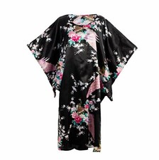 Asian Home Flower Peacock Satin Silk Kimono Dress, Nightgown, Dressing Gown...