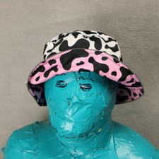 Cow Print Reversible Bucket Hat White/Pink Black Fabric One Size Fits Most