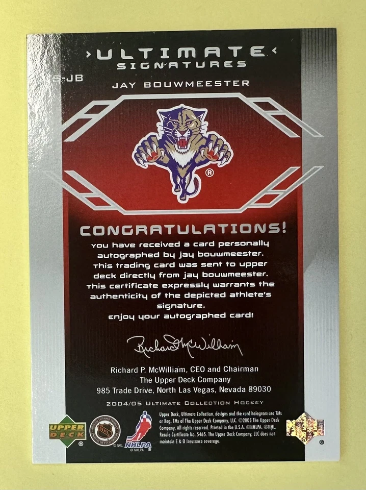 2004-05 Ultimate Collection Ultimate Signatures Jay Bouwmeester #US-JB Auto - Image 2 of 2