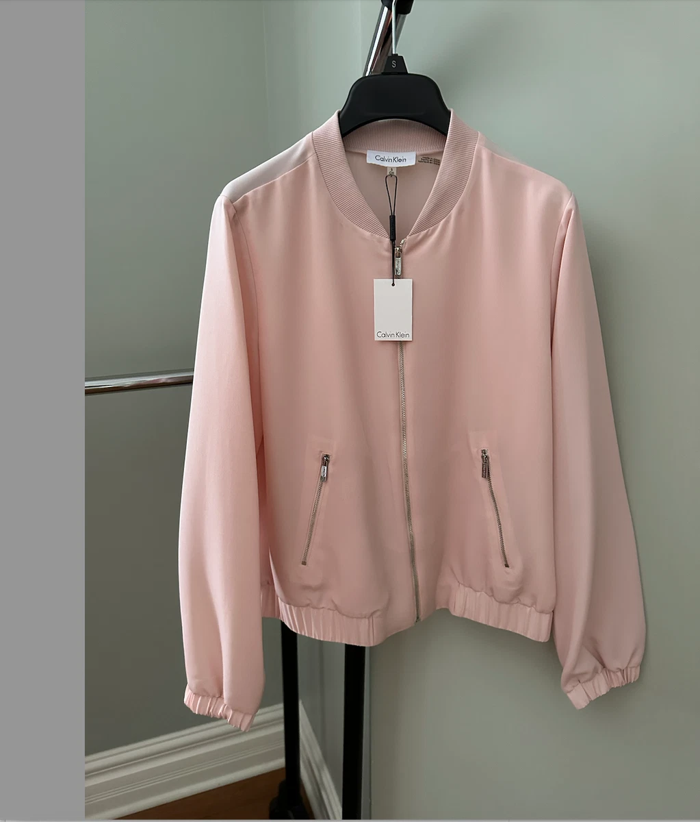 Calvin Klein Zip Up Sheer Satin Bomber Jacket In Blush Pink Size M 150