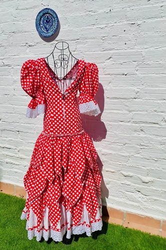Cintura 26", Vintage Auténtico Vestido Flamenco Gitano Frida Feria Gitana, Rojo Blanco - Imagen 9 de 9
