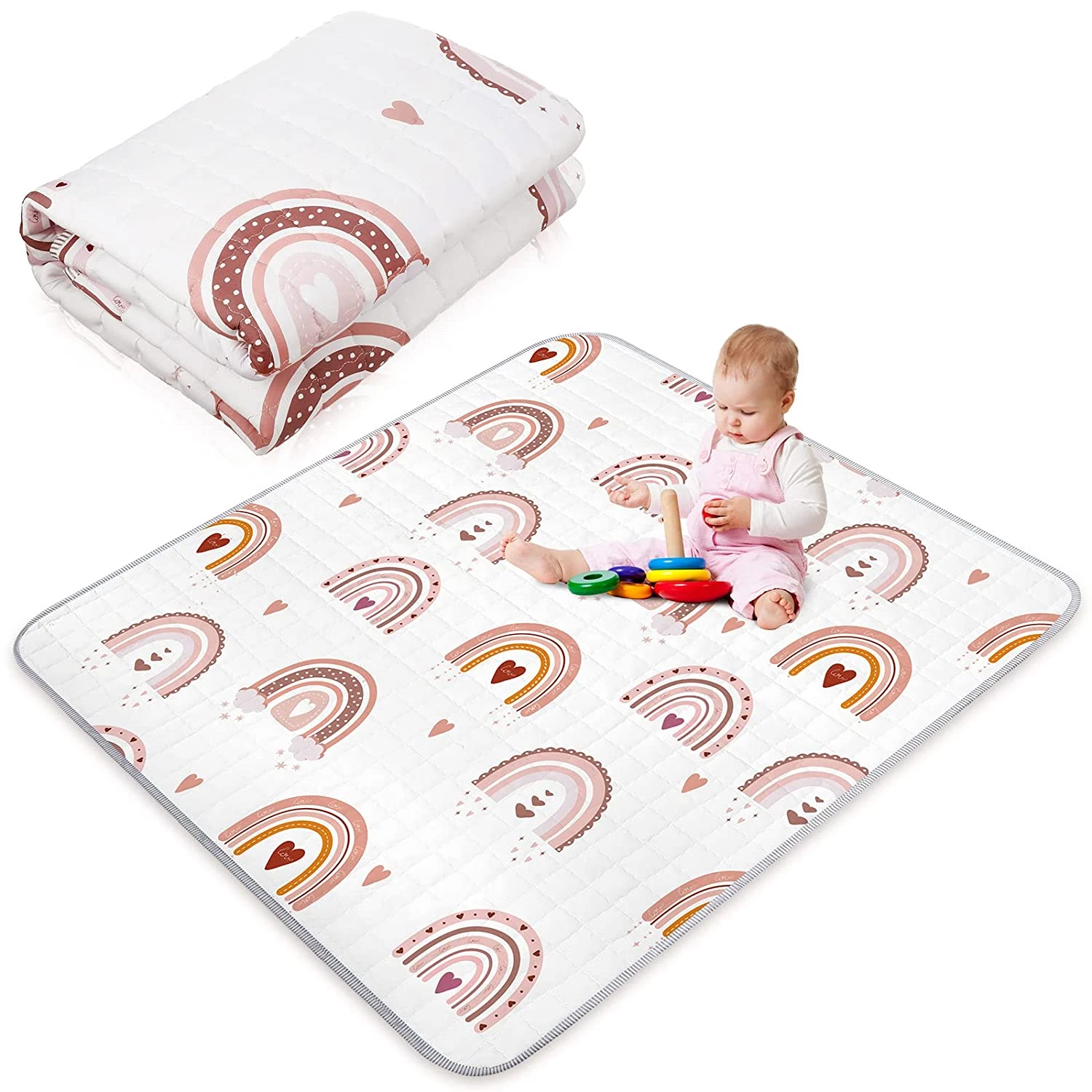 Rainbow Portable Baby Play Mat, 43 X 43 Inch Washable Foldable Crawling Mat