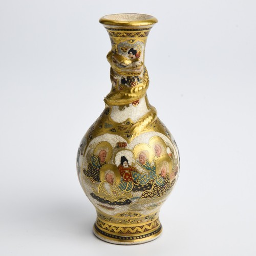 Japanese Meiji Period Satsuma Vase with Lohans and Dragon Signed Shimazu Crest
