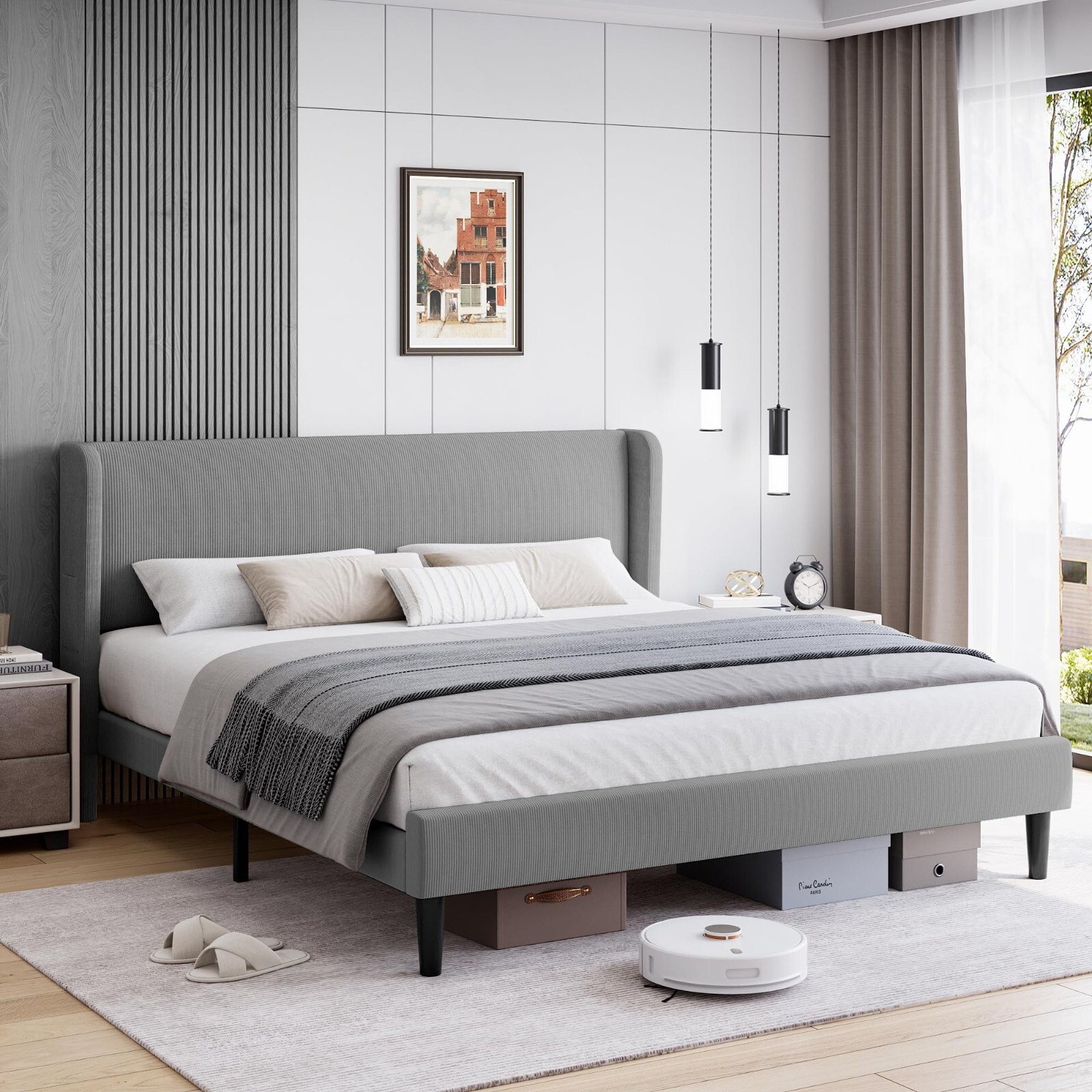 Full-King Size Platform Wooden Bed Frame w/ Upholstered Headboard & 2 Pockets
