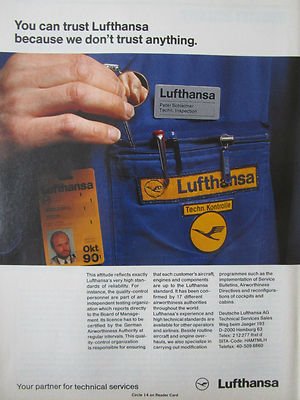 12/1989 PUB LUFTHANSA GERMAN AIRLINES TECHNISCHER SERVICE PETER SCHLEIMER ANZEIGE