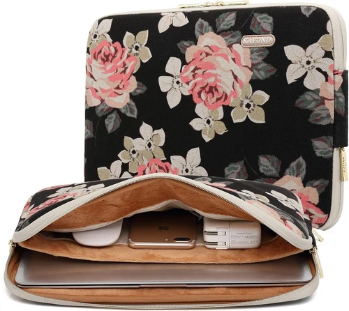 Rose print Canvas Water Resistant 15.6 Laptop Sleeve fleece lining padded zip 