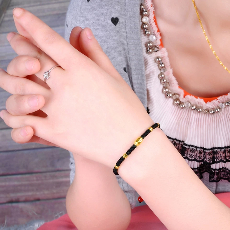 1PC Pure 999 24k Yellow Gold Beads Men Women Black Cord Knitted Braided Bracelet - Image 3 of 4