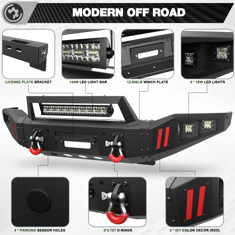 Parachoques delantero de acero negro con placa de cabrestante y luces LED para Toyota Sequoia 2011-2016 Foto 2 de 4