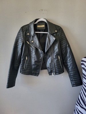 AFTF BASIC Women's Faux Leather Moto Biker Jacket with Quilted Details
