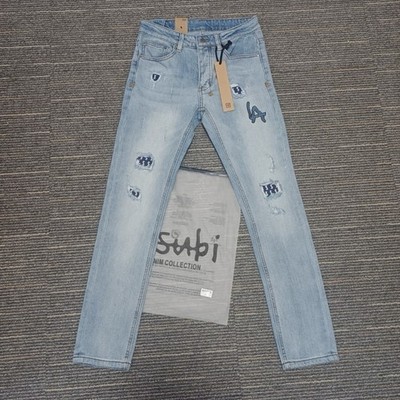 KSUBI Men's Washed Blue Ripped Letter Printing Pants Jeans size 32