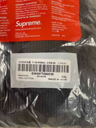 SUPREME HANES THERMAL CREW SHIRT BOX LOGO BLACK RED SZ XXL 2XL - Picture 2 of 2
