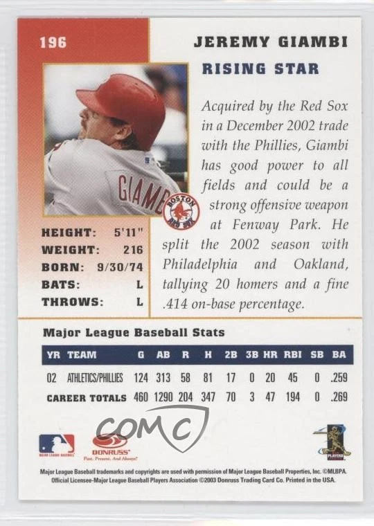 2003 Donruss Champions Jeremy Giambi #196 - Image 2 of 2