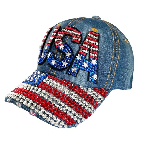 Unisex USA American Flag Baseball Cap Denim Distressed Rhinestone Hat for Adu...