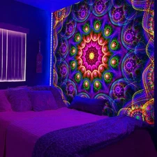 Psyhilar Blacklight Trippy Mandala Tapestry, Boho Black Light Posters for Adu...